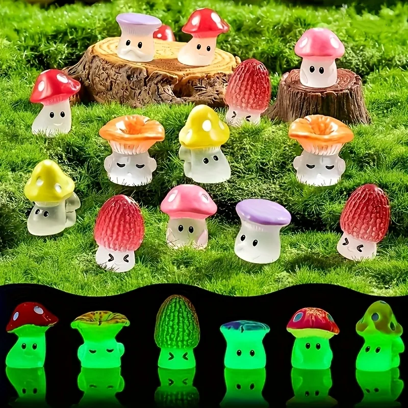 10/20/50Pcs Luminous Mini Mushroom Figurines, Cute Face Glow in the Dark Resin Mushroom Ornaments, Colorful Tiny Mushroom Decor