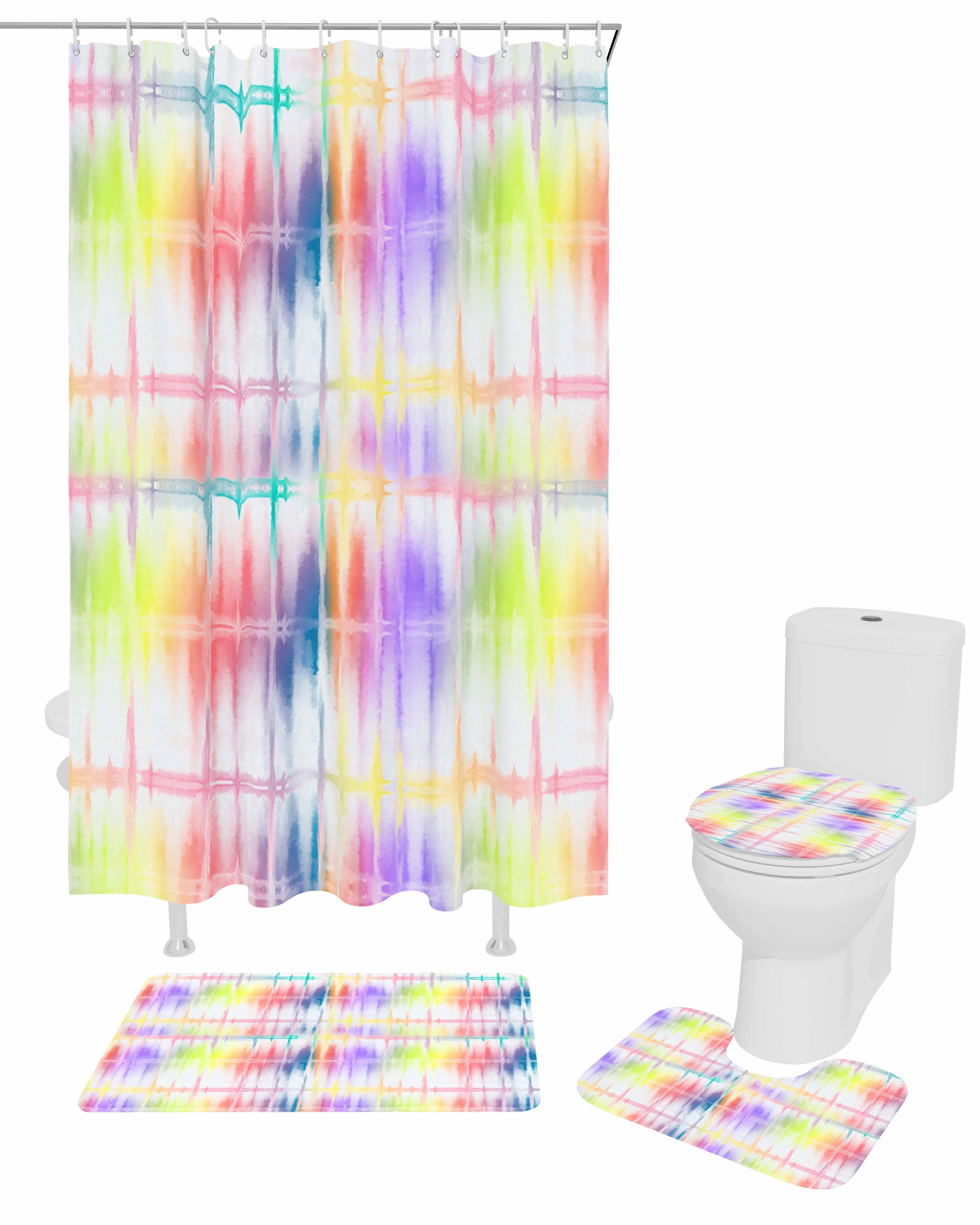 Rainbow Watercolor Gradient Shower Curtain Set Non-Slip Rugs Bath Mat Toilet Lid Cover Waterproof Bathroom Curtain