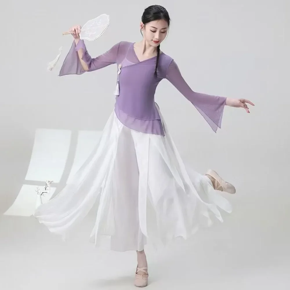 

Женский классический танцевальный костюм, прозрачный струящийся ханьфу, широкие брюки с разрезом по бокам, комплект одежды для китайского народного танца