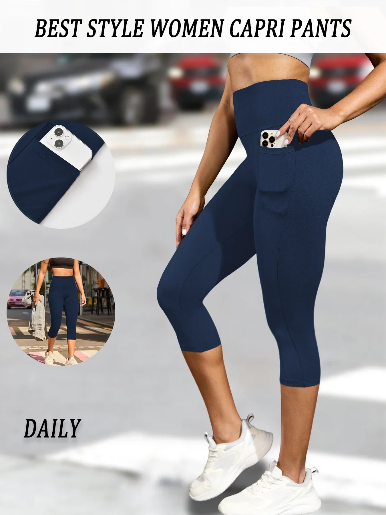 High Waisted Capri Pants for Women with Pockets Tummy Control No See Through Workout Running Yoga Athletic Push Up Gym Leggings