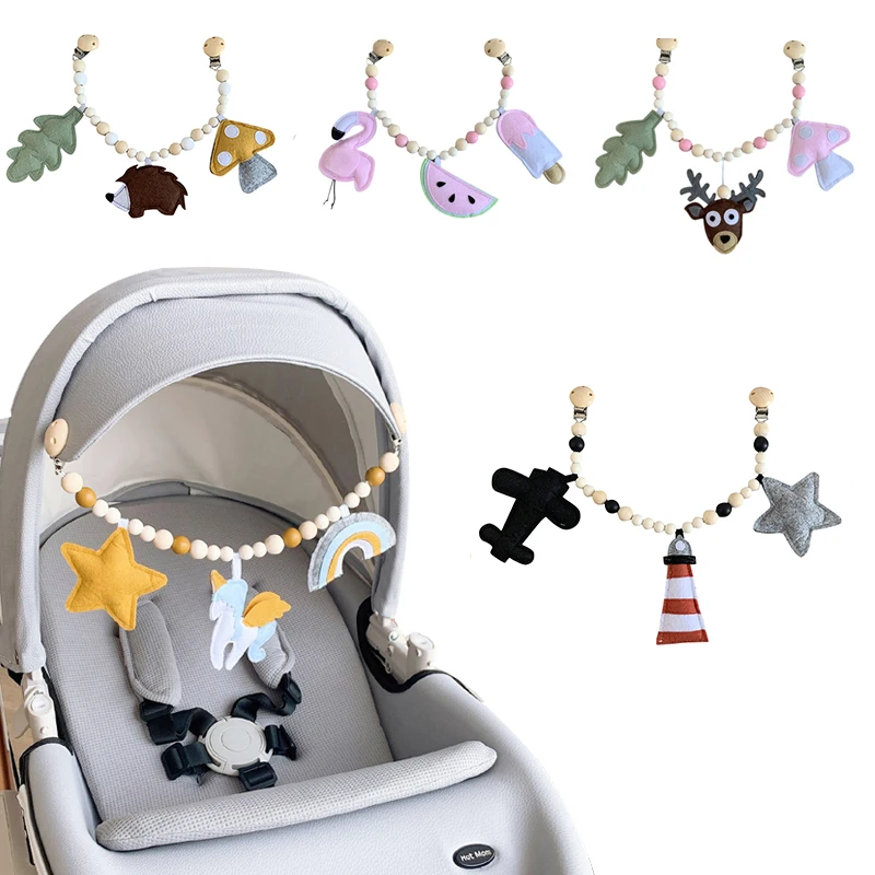 

Baby Toy Wooden Pram Clip Baby Mobile Pram Plush Bead Pacifier Chain Chewable Rattle Baby Wooden Teether Necklace Teething Beads