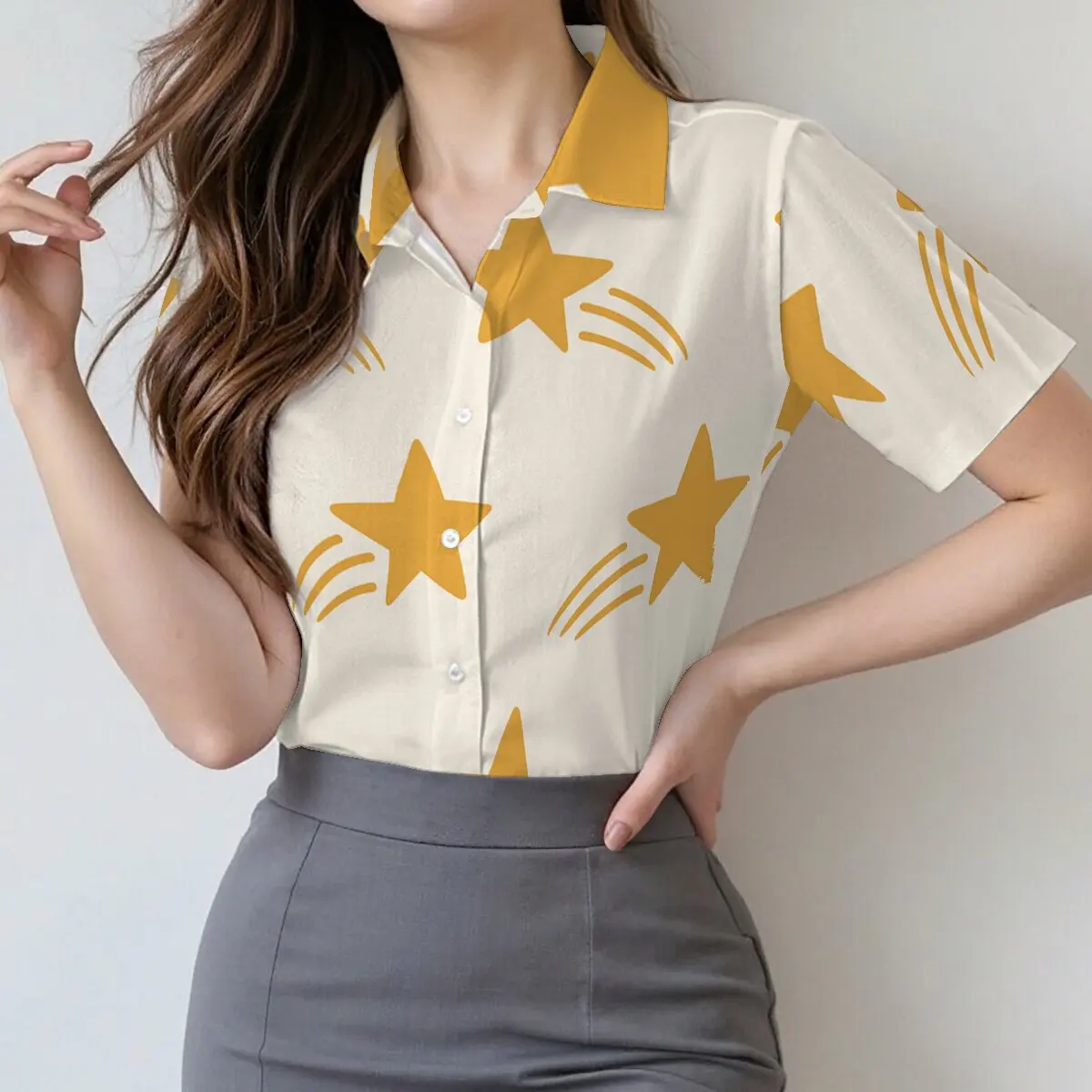 

Summer women's short-sleeve shirt with retro meteor print, fun and vibrant, suitable for commute, dating and outings.
