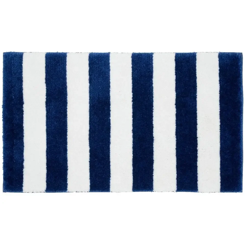 Modern Striped Bath Rug Set Indigo & White Washable Non-Slip Plush USA Made 21 x 34