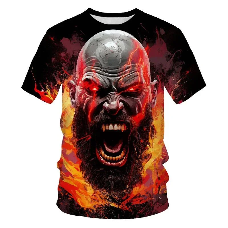 3D Printed Round Neck Men\'s T-shirt, God of War Game Character, Hip-hop Trend, Harajuku Street Clothes, Short Sleeve, Fashion