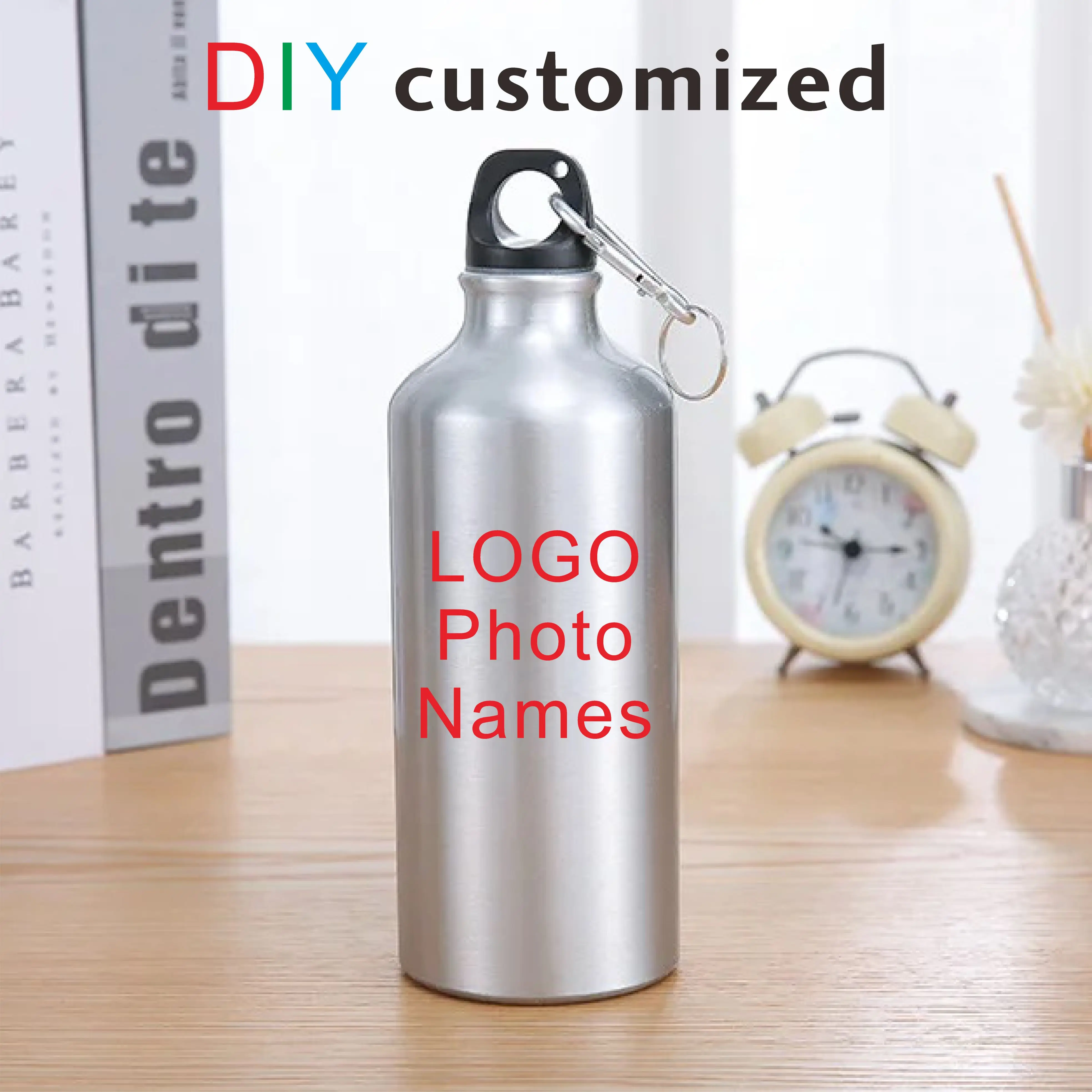 600ML Sport Bottle DIY LOGO Customized Colorful Print Photo Text Aluminium Biker Hiker Travel Outdoor Cup Portable Carabiner