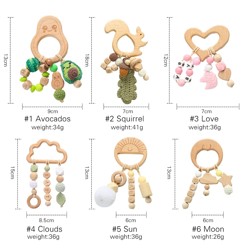 1pc Newborn Wooden Teething Rattle Toy Beech Animal Pendant Personalised Name Rattles Chew Baby Products Teethers For Baby