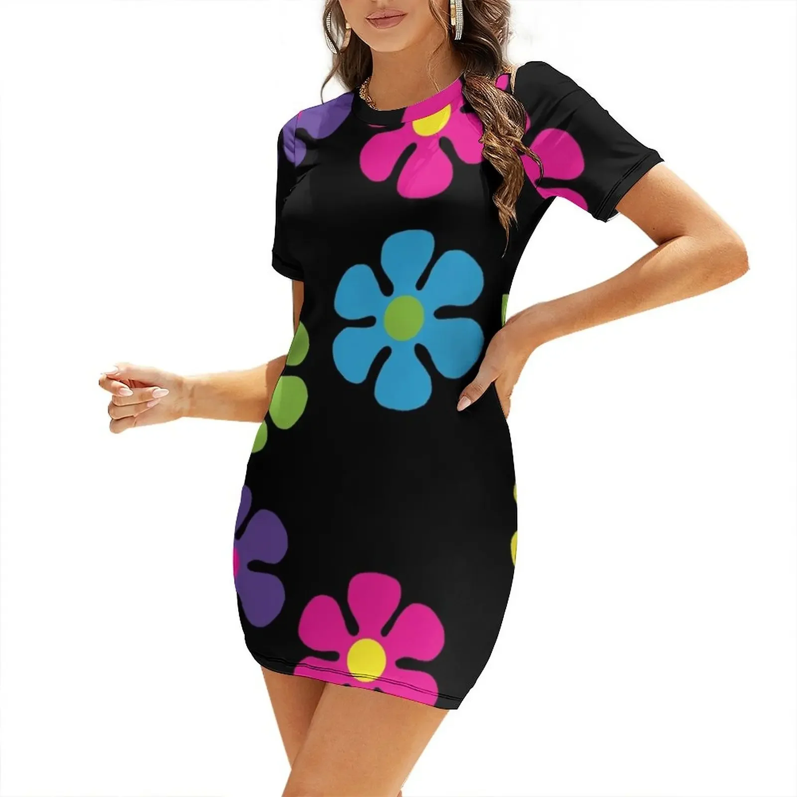 

groovy colorful mini flowers Short-Sleeved Dress summer dress woman 2026 dress party night dresses women summer 2026