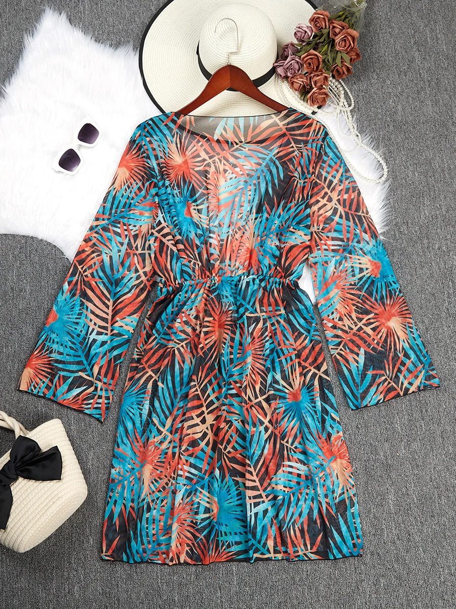 2024 Large Plus Size Print Beach Cover Up Long Sleeve One Piece Kimono Women Swimwear Female Bathing Suit Beachwear Swimming