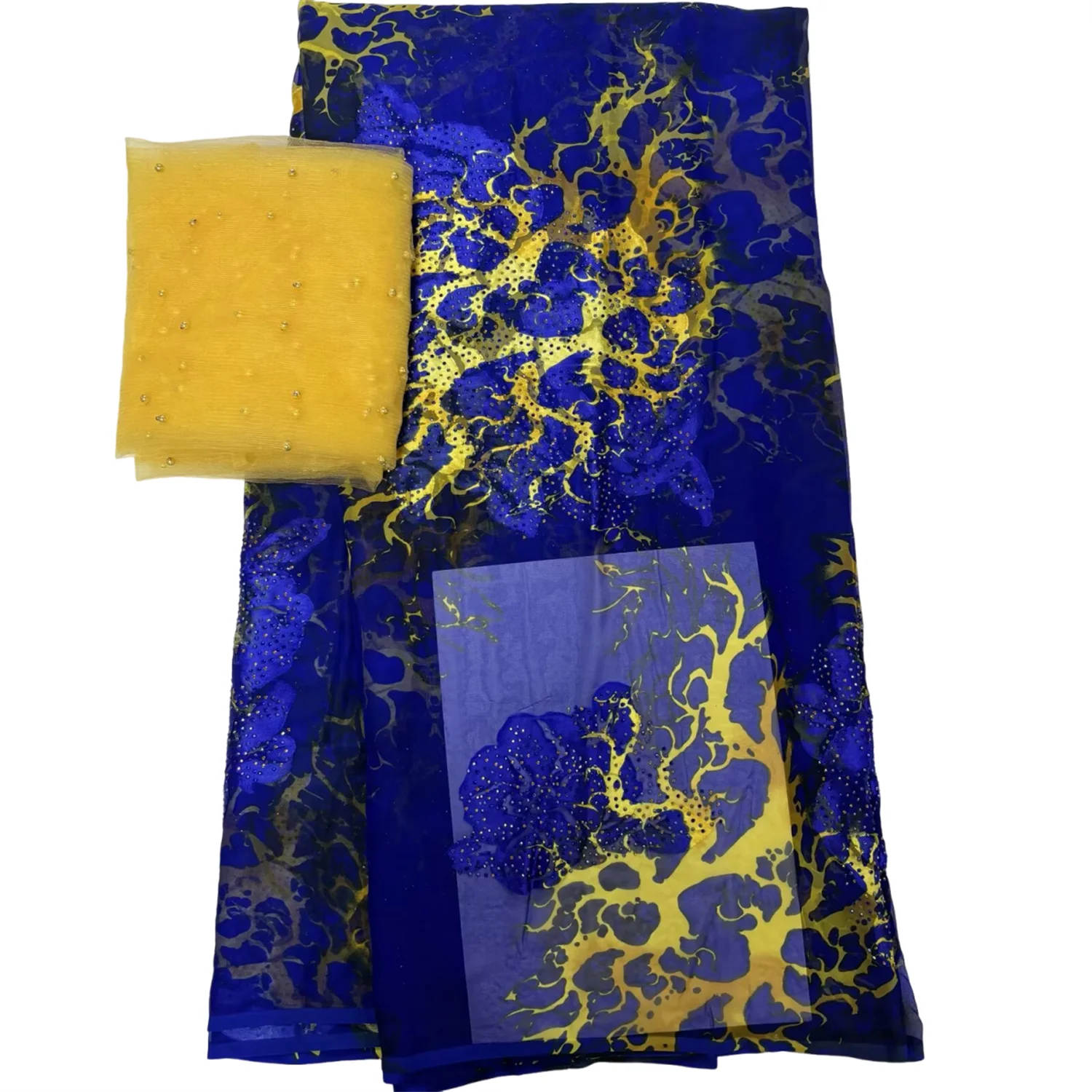 

5 + 2 ярда/комплект, модная мягкая африканская шифоновая атласная шелковая ткань с принтом, камни, швейцарская вуаль, кружево для вечернего женского платья, швейный материал