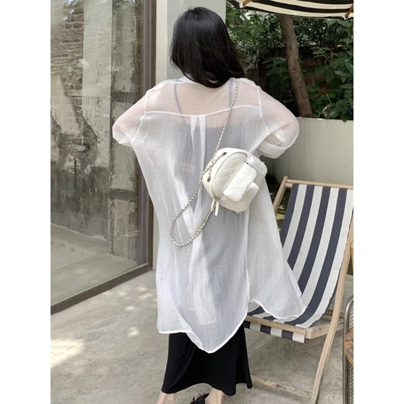 Medium-length White Chiffon Sunscreen Shirt Woman Summer Muslin Cardigan Shirt Large Coat See Through Ice Silk Top Shirts Women