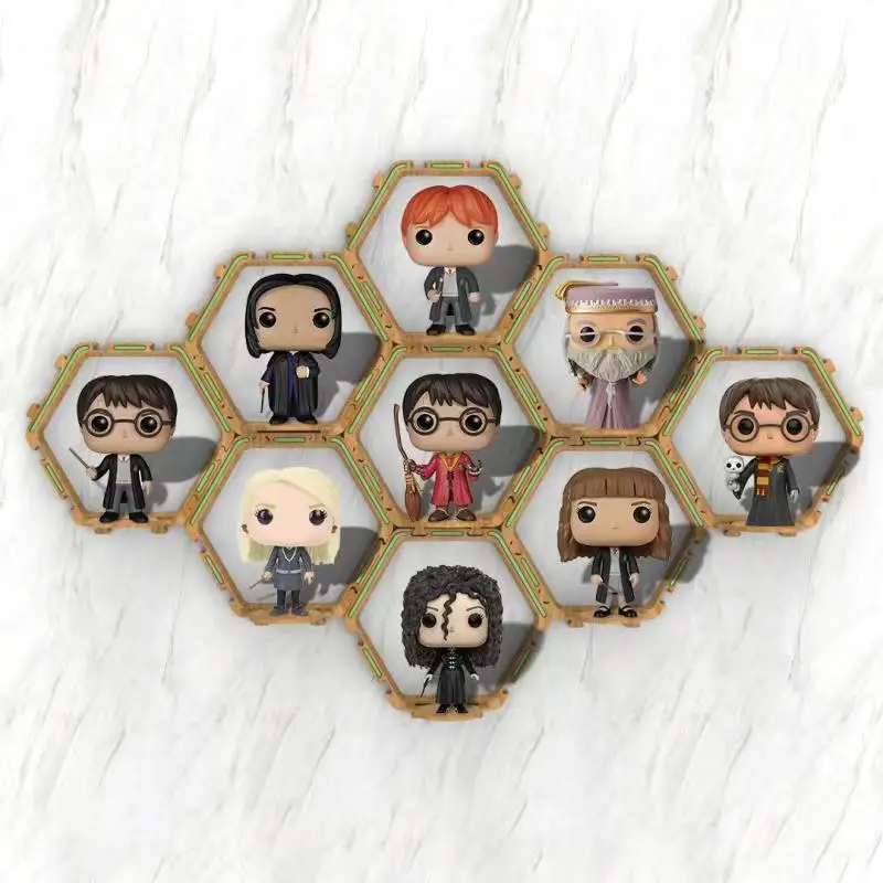 

9 PCS Riser Display Stand for Funko POP Figures, Wood Grain Wall Mounted Storage Box Without punch Floating Shelf, Glow at Night