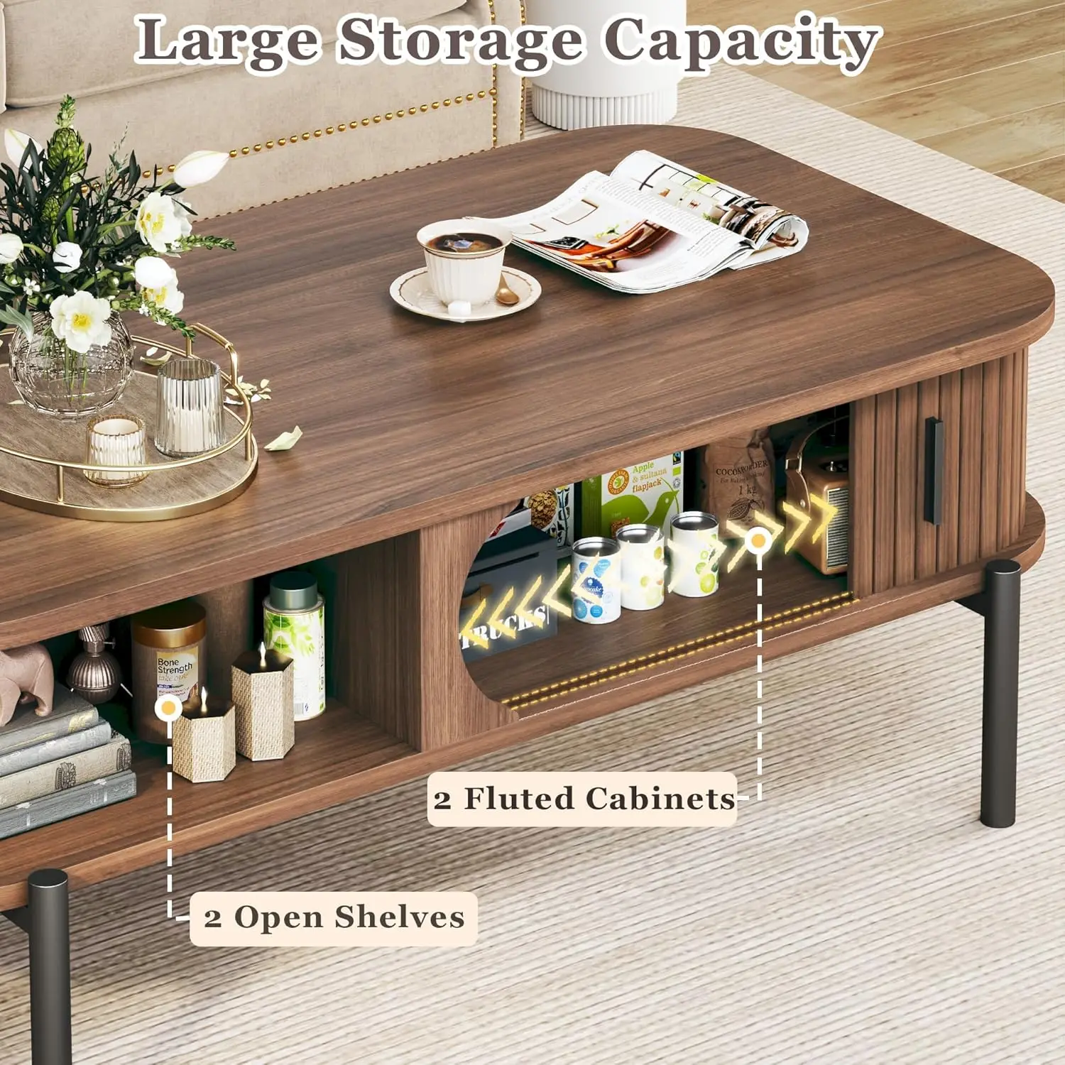 Stolik kawowy, 100 cm, stolik kawowy z radełkowanym blatem do salonu, stolik w stylu mid-century modern z przesuwnymi drzwiczkami szafki, 2-poziomowy, rustykalny drewniany stolik D