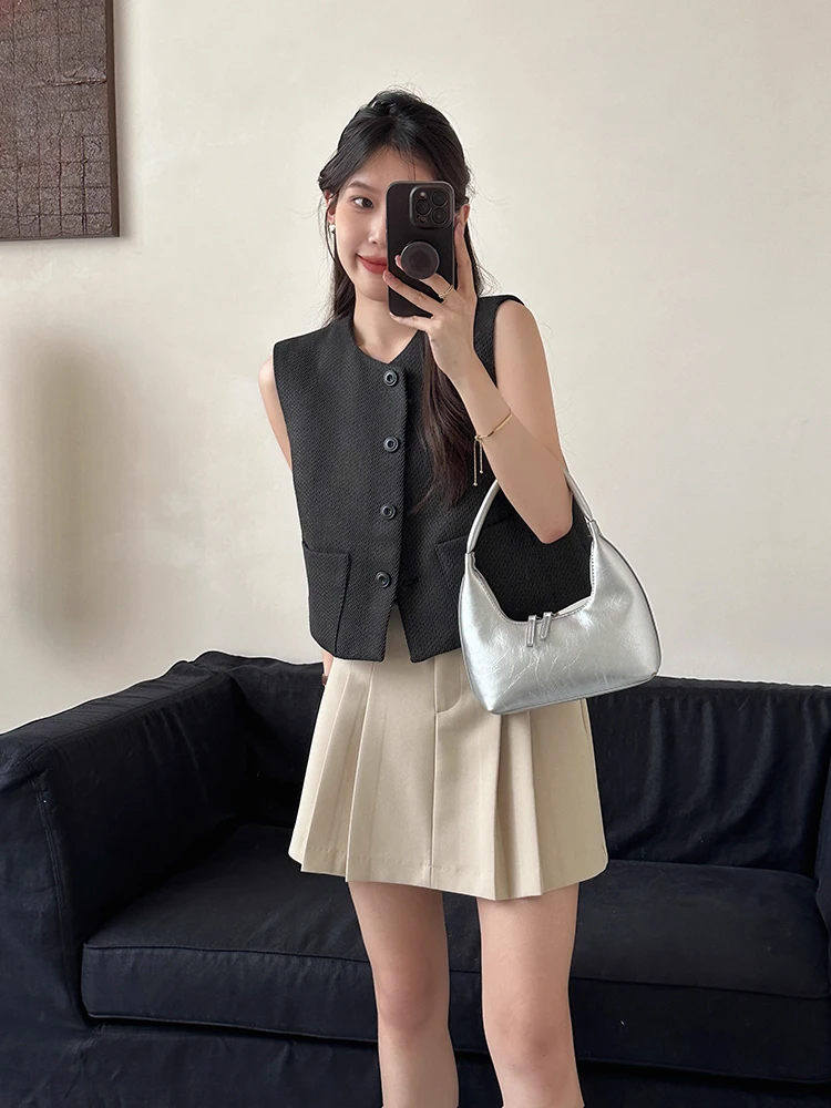 

Chic Summer Single-Button ort Svel Vest Women's Jaet Double ket Versatile Faion Commute Loose Fit round Ne