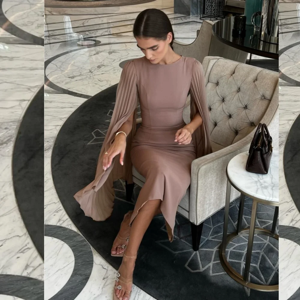 

Customized Simple Chiffon Pleat Ruffle Column Scoop Neck Midi Dresses Prom Dresses Classic Exquisite Unisex Fashion Elegant Casu