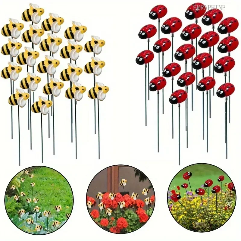 20pcs Bee & Resin Ladybug Stake Modern Decorations Floor-Mounted Garden Plugs for Flower Outdoor Beds Lawn Paths Potted Plants