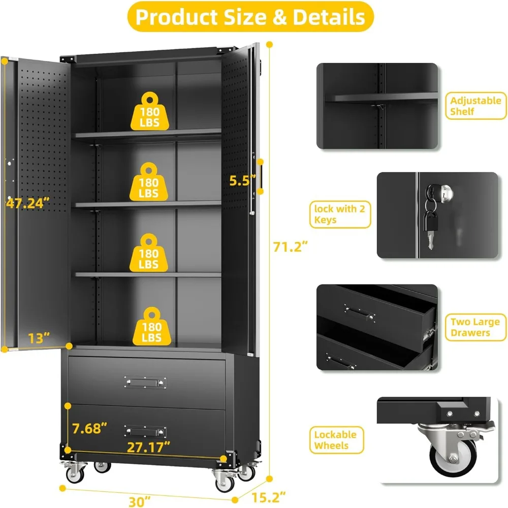 Большой металлический шкаф для хранения на колесах, запираемый стальной шкаф с 3 регулируемыми полками и 6 крючками для улучшенной организации