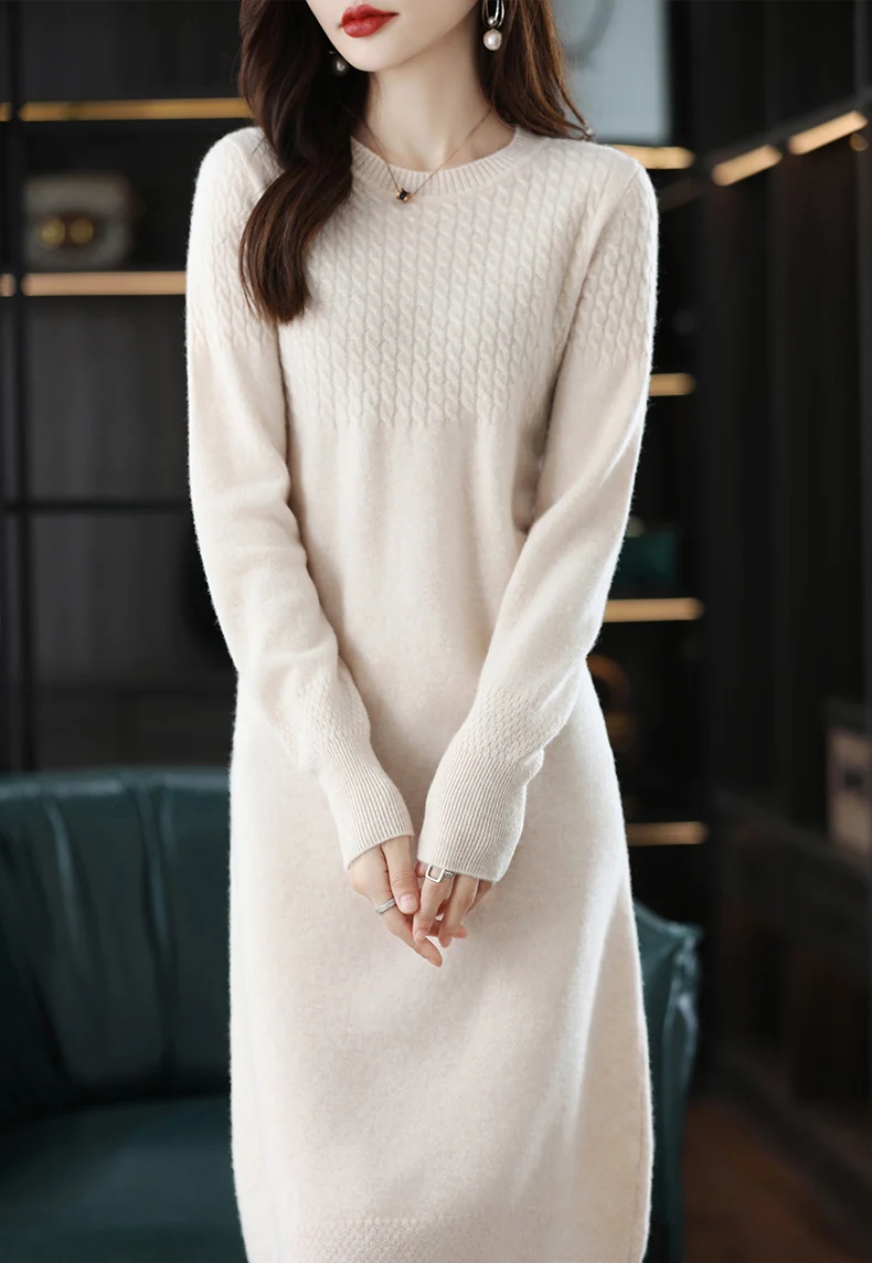 Round Neck Cashmere Dress Women's Long Pullover Sweater Autumn And Winter New Knitted Knee-Length Pure Wool Dress