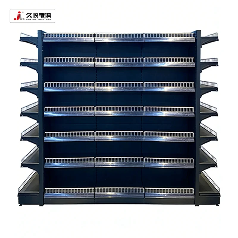 custom.JIUSHUN Double-Sided Gondola Shelving Metallic Goods Display Grocery Shelves Supermarket with Fences