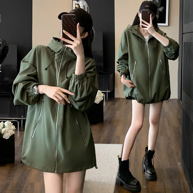 

Summer Zipper Hooded Sunscreen Women Coat Casual Loose Versatile Solid Color Simple Tops Fashion Vintage All-match Outerwear