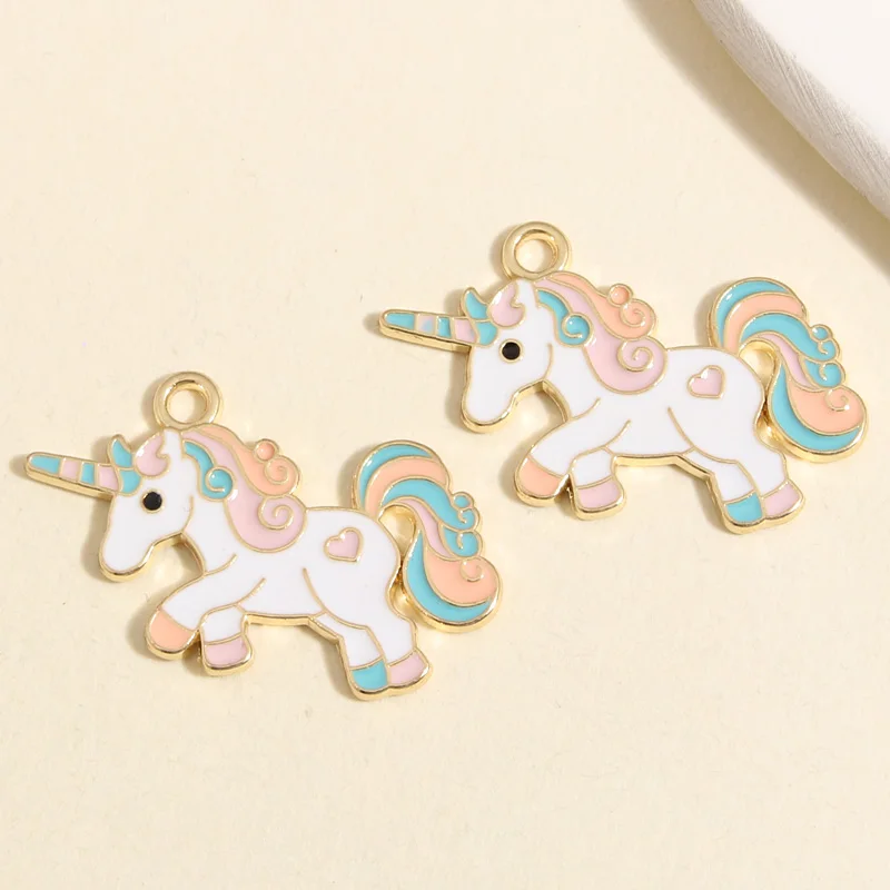 5pcs Gold Color 34x20mm Cute Enamel Heart Unicorn Charms Animal Pendant Fit DIY Necklaces Jewelry Making Handcrafted Accessories