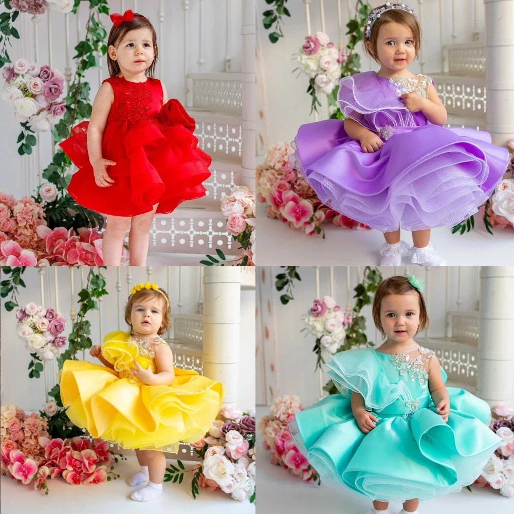 Customised Color Organza Layered Flower Girl Dress Tulle Puffy Tiered Appliques for Little Baby Girls Birthday Party Gowns