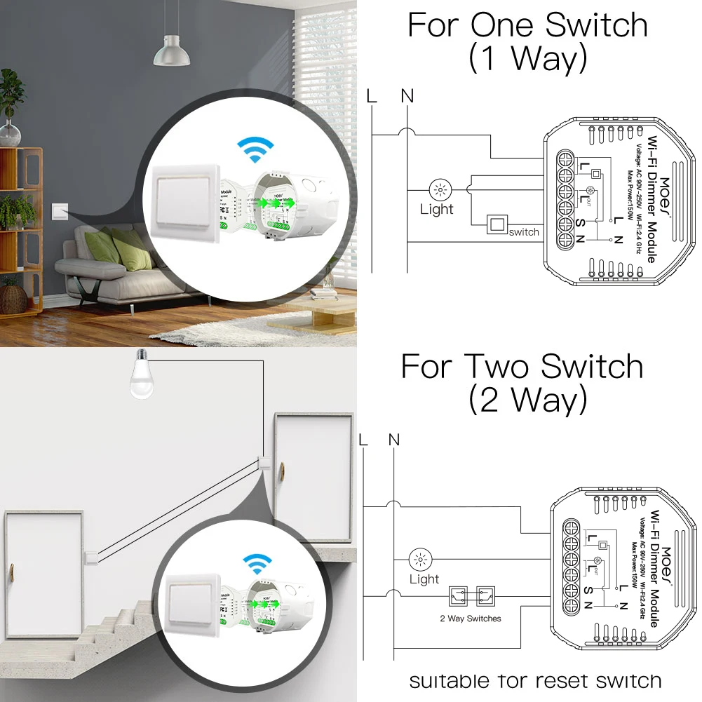 Moes DIY Smart WiFi Light LED Dimmer 1/2 Way Switch Smart Life/Tuya APP Remote Control,Works with Alexa Echo Google Home