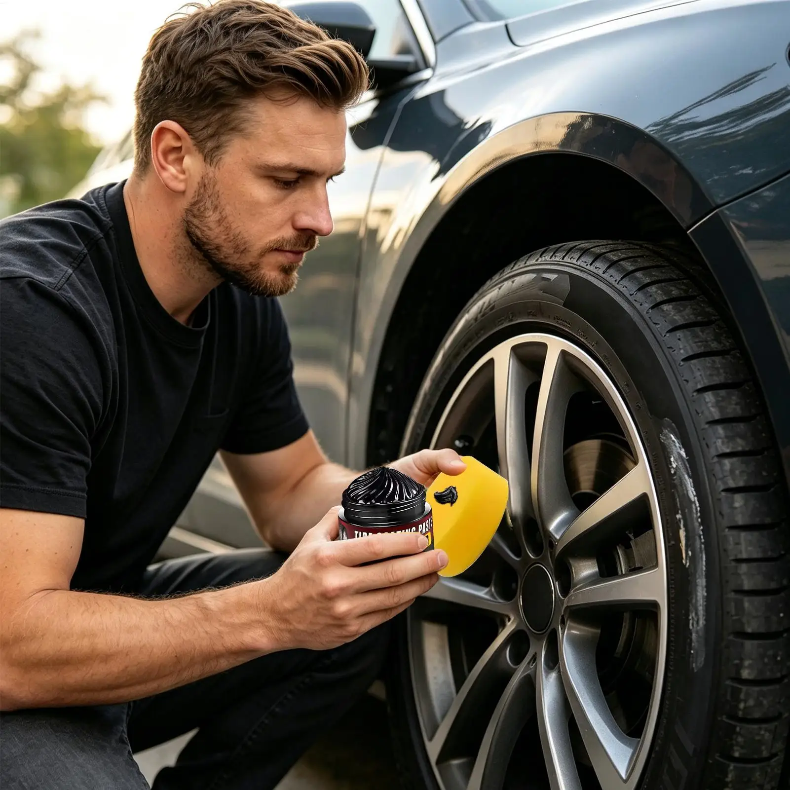 50g Tire Shine Restorer Coating Paste with Sponge Wheel Trim Restorer Wax for Indoor Outdoor Garage Cars Wheel Automotive