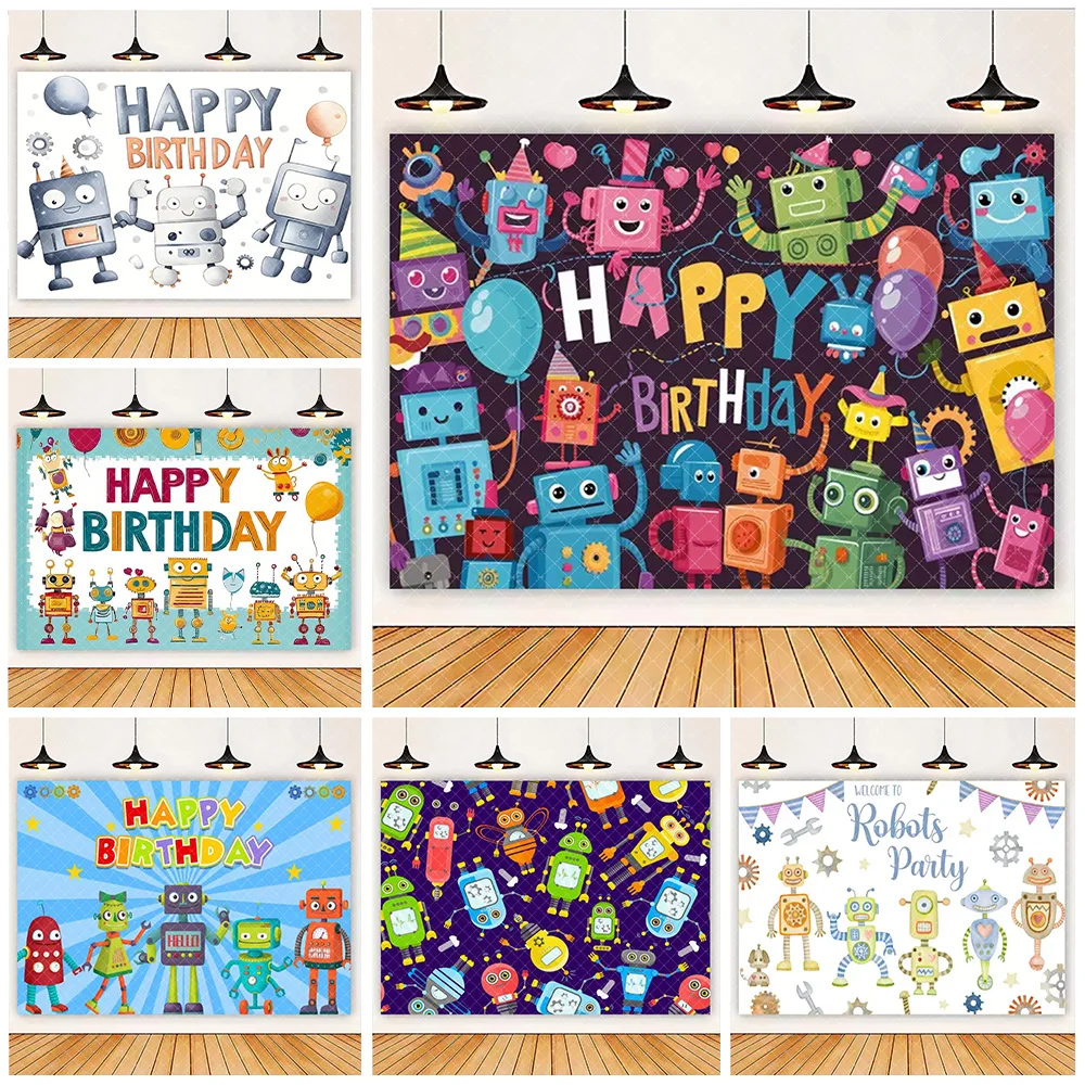 

Cartoon Colorful Robot Theme Backdrop Kids Birthday Party Decoration Supplies Child Photography Background Baby Shower Supplies
