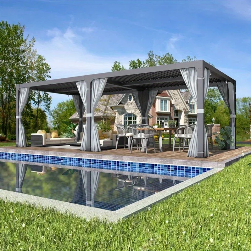 

EROMMY 12x20FT Жалюзированная пергола — алюминиевая пергола с регулируемой непромокаемой крышей, шторами и сетками, наружным патио/на заднем дворе, серая