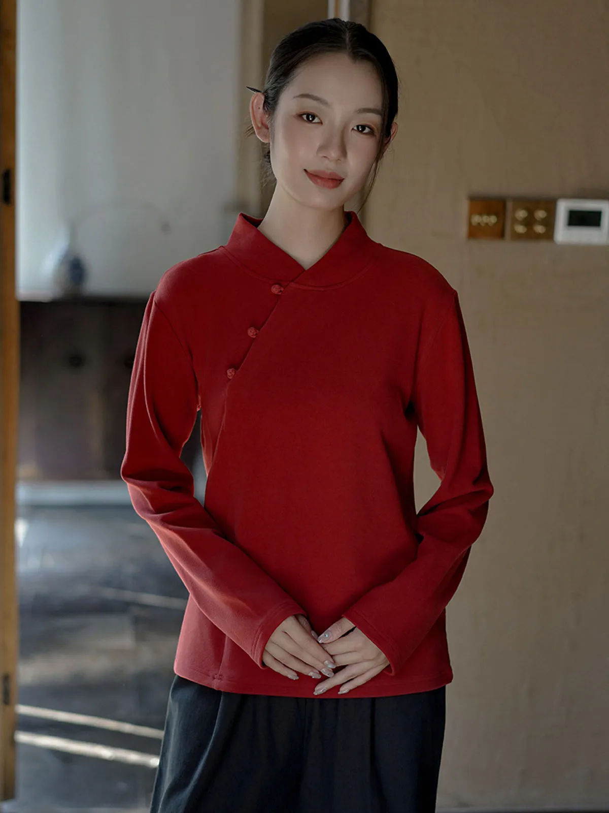 Chinese Style Stand Collar Disk-Buckle Pullover Top Women Long-Sleeved Velvet Undercoat Senior Sense Can Be Worn Outside T-Shirt