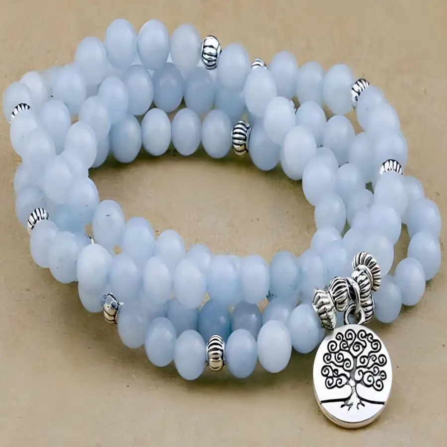 

8mmBlue Stone 108 Beads Aquamarine Bracelet Lotus Pendant Japa Natural stone Hand Chaplet Nirvana Yoga Chakra Sacred