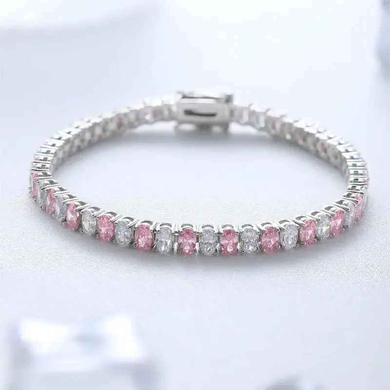 RUIF Elegant Pink Oval Shape Bracelet with S925 Silver Crushed Ice Cutting Zirconia for Valentine's Day Gift