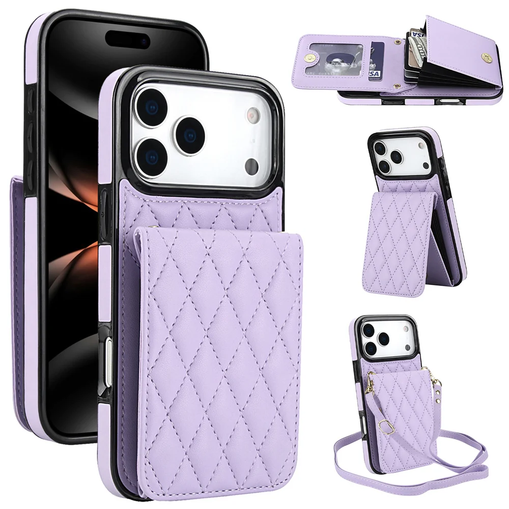 Leder Brieftasche Karte Crossbody Lanyard Telefon Fall für IPhone 17 Air 16E 16 15 Pro Max 14 Plus 13 12 11 XS XR Leder Stand Abdeckung