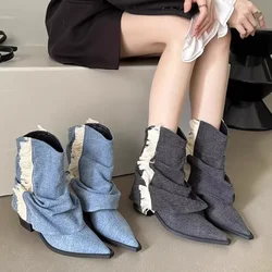 Pleated Denim Cowgirl Boots for Women 2023 Autumn Pointed Toe High Heeled Ankle Boots Woman Tassel Blue Jeans Cowboy Booties