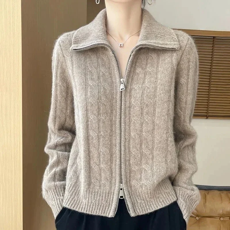 

2026 New Autumn Winter Collar Cashmere Sweater Female Double Zipper Wool Cardigan Women Knitted Thickened Coat