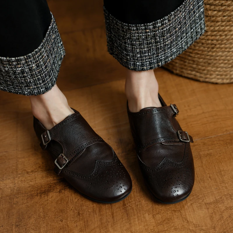 الرجعية المتسكعون النساء حقيقية جلد البقر مشبك الديكور جولة تو الشقق الانزلاق على أحذية السيدات اليدوية