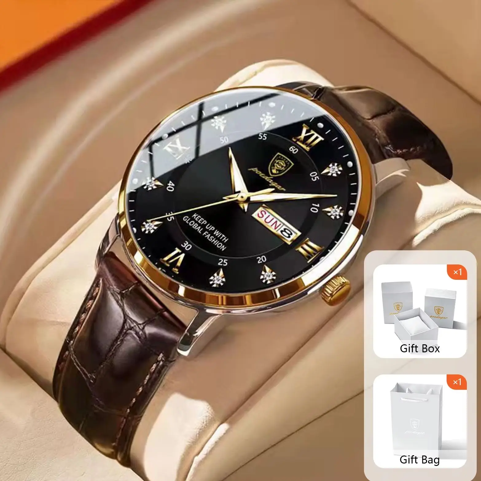 

POEDAGAR Fashion Watch For Men Date Week Leather Male Wristwatch Waterproof Luminous Business Men's Quartz Watches Gift with Box