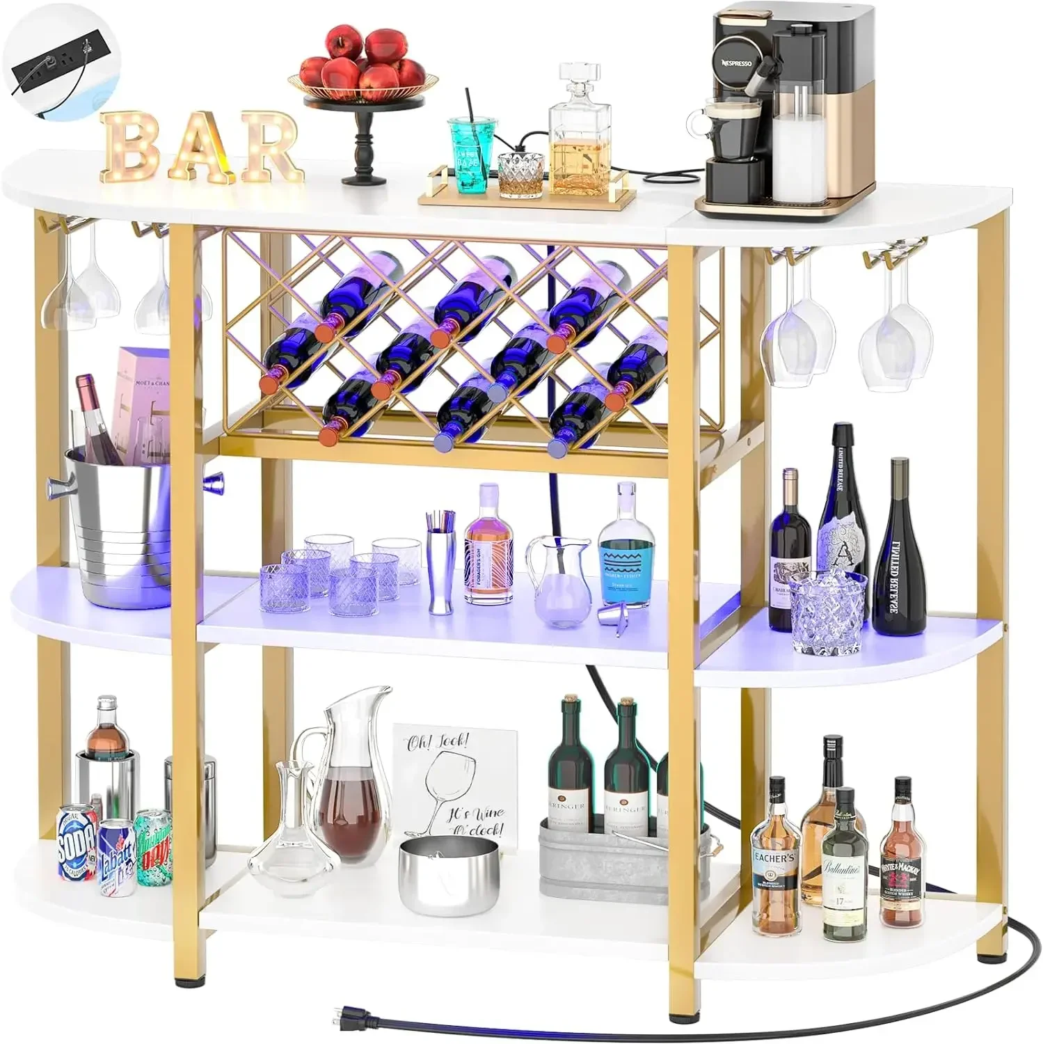 

4-Tier Metal Coffee Bar Cabinet with Outlet and LED Light, Freestanding Floor Bar Table for Liquor with Glass Holder