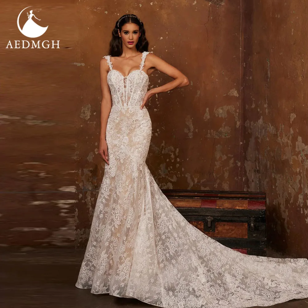 

Aedmgh Mermaid Sexy Wedding Dresses Spaghetti Strap Sweetheart Vestido De Novia Lace Embroidery Vintage Custom Made Bridal Gown