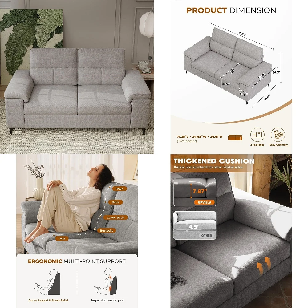 

71.25 Modern Couches for Living Room, Deep Seat Sofa with 8 Cushion, Comfy 2Seater Chenille Loveseat with Convertible Armrest,