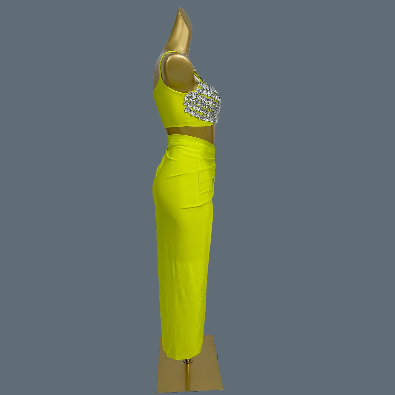 Sparkly Crystals Crop Tops Long Skirt 2Pieces Set High Side Slits Skirt High-end Party Stage Outfit Hottie Nightclub Wear Beixin