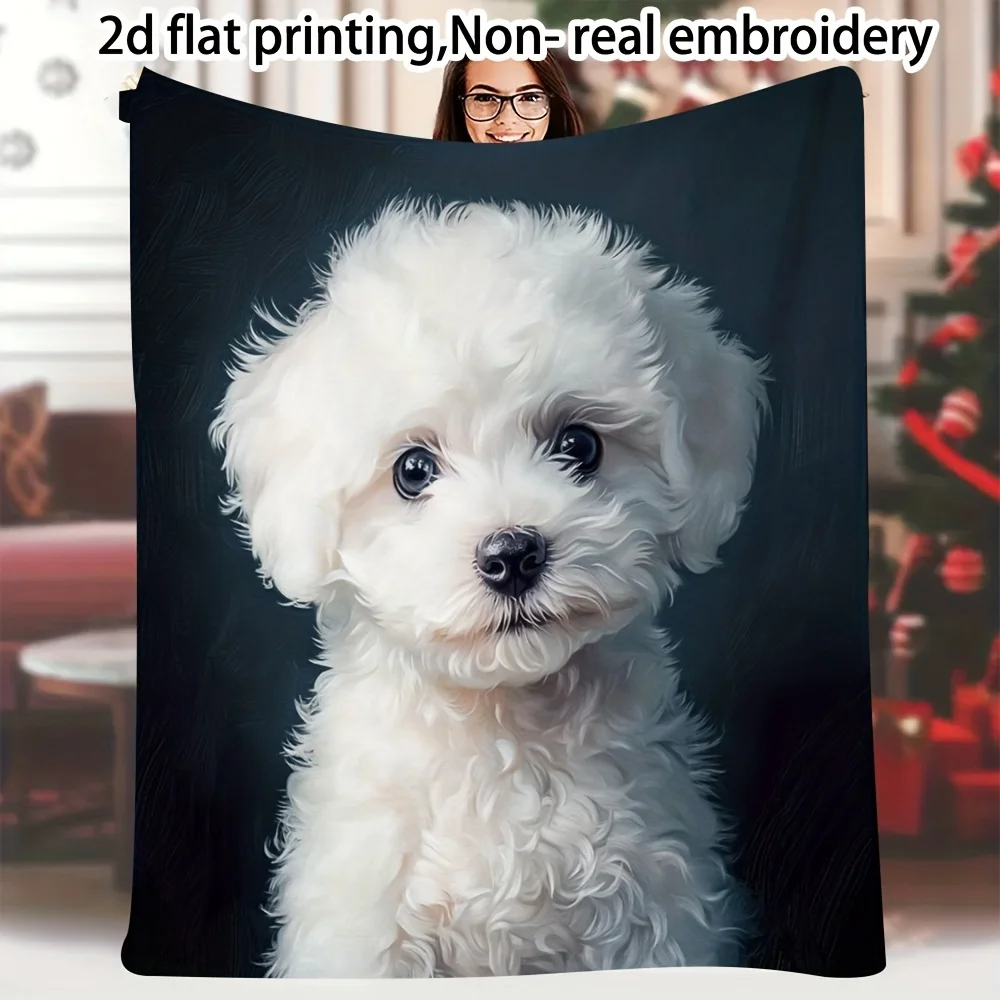 A soft and comfortable blanket with a 2D graphic design, featuring cute white Bichon puppies. There are multiple sizes to choose