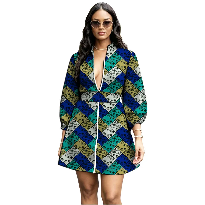 Women's Zipper Dress With Belt African Print Loose Original Pattern Bishop Sleeve Dresses Customized
