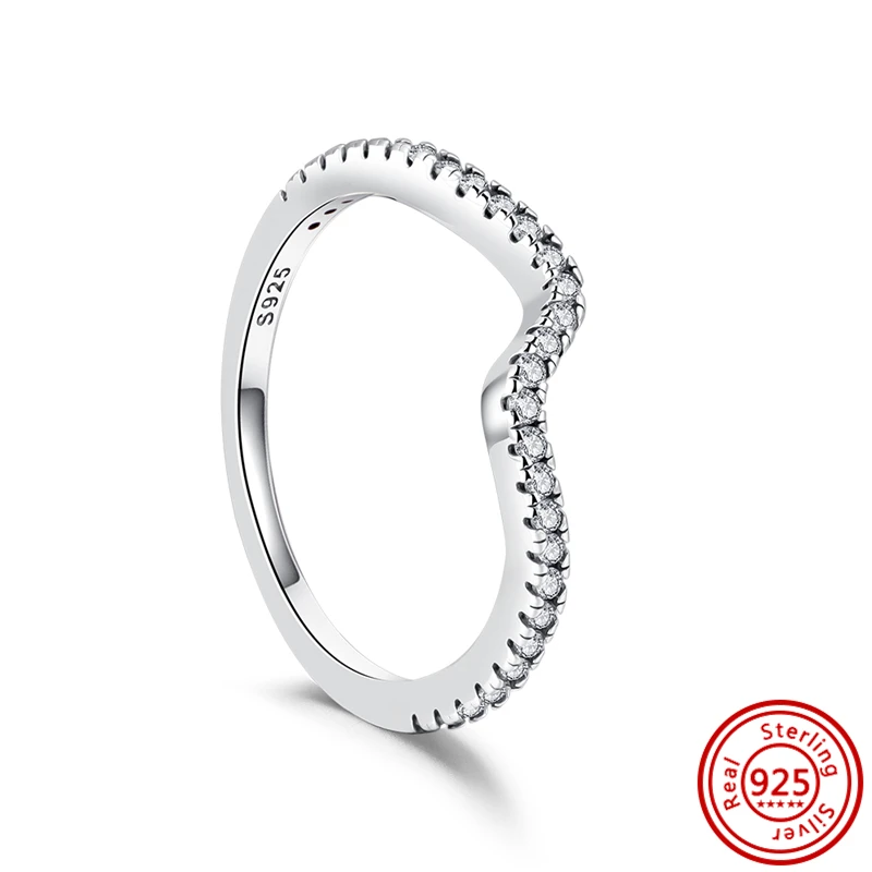 Vendita calda 100% 925 Sterling Silver Radiant Heart Pavé onda asimmetrica Sparkling Wishbone linee lucidate anelli gioielleria di lusso raffinata