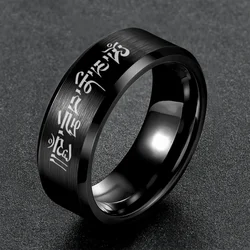 Black Ring Male Finger Accessories Personality Retro Buddhist Scripture Mantra Om Mani Padme Hum Stainless steel jewelry