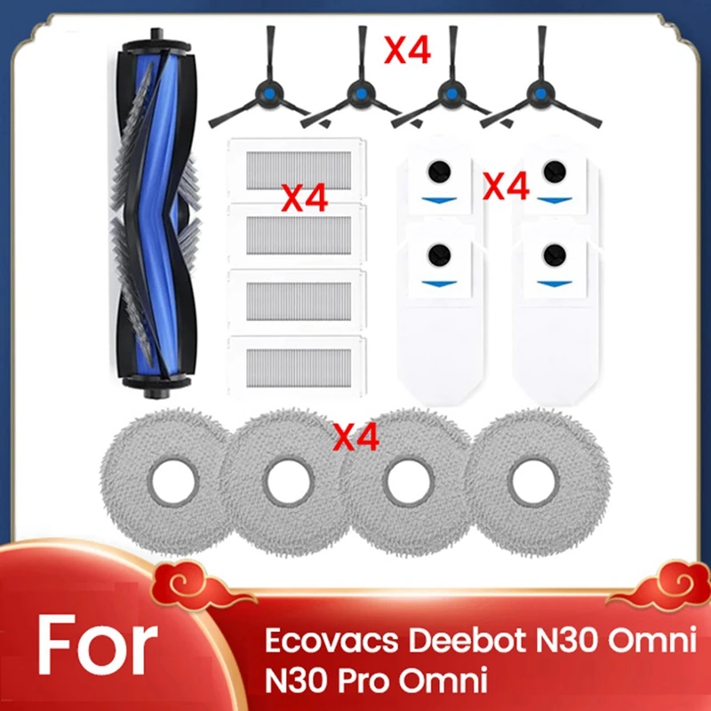 17 peças para ecovacs deebot n30 omni/n30 pro omni peças de aspirador de pó rolo escova lateral filtro mop pano saco de pó