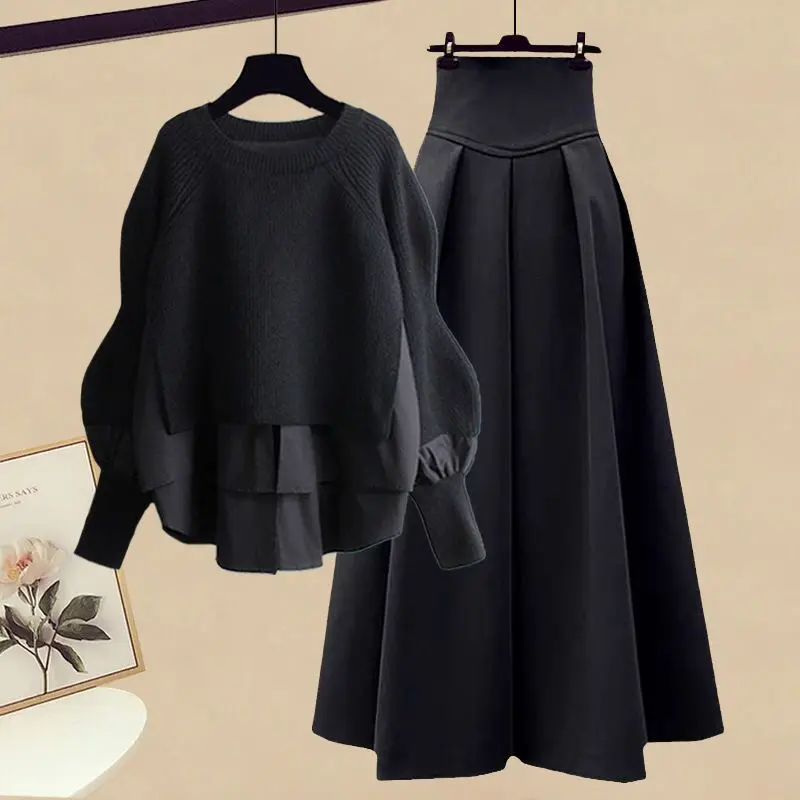 Women Elegant Spring/Fall New Fake Two Piece Long Sleeved Shirt +High Waisted Skirt Matching Set Korean Chic Pullover Dress Suit