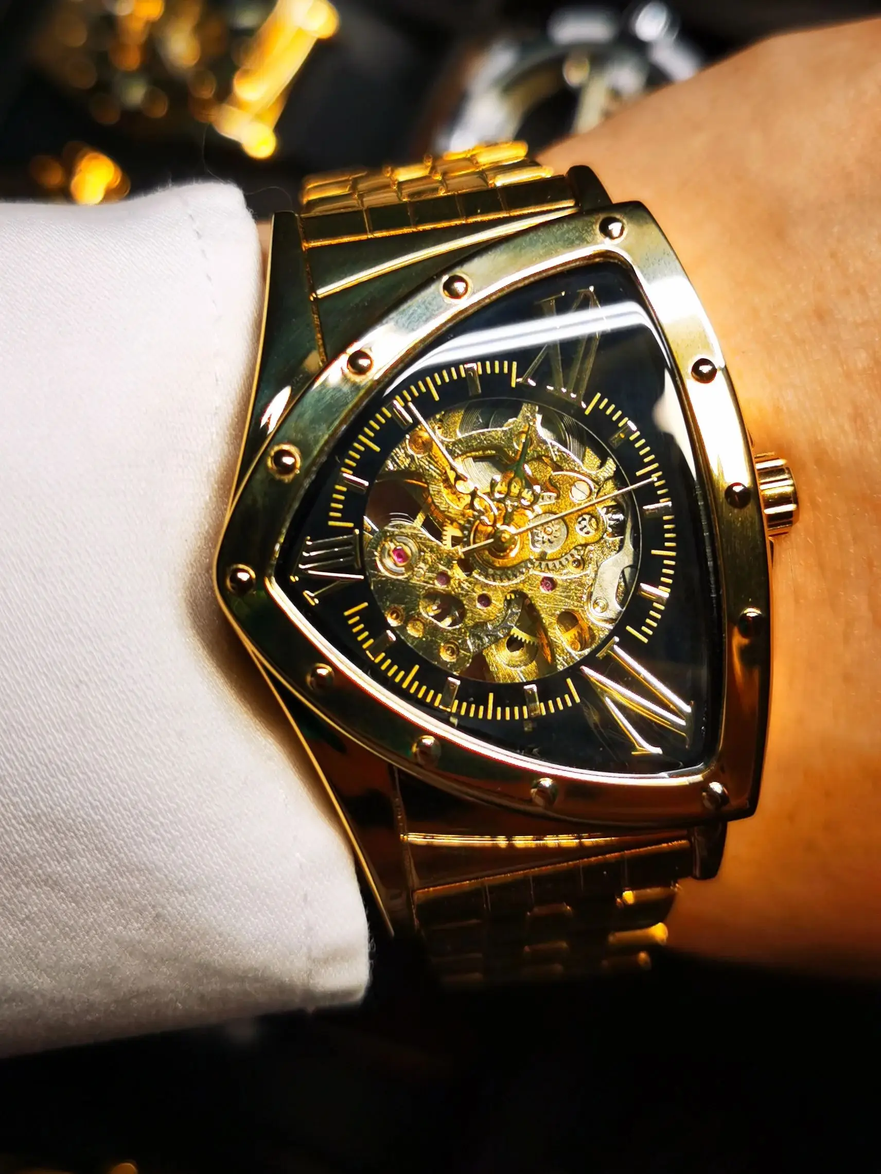 WINNER Military Triangle Skeleton Automatic Watch for Men Luxury Brand Stainless Steel Strap Fashion Sports Mechanical Watches