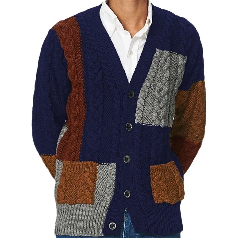 Herbst und Winter neue Luxus mode verdickte Männer Patches Kontrast gestrickte Strickjacke V-Ausschnitt Langarm Pullover Mantel Herren Top