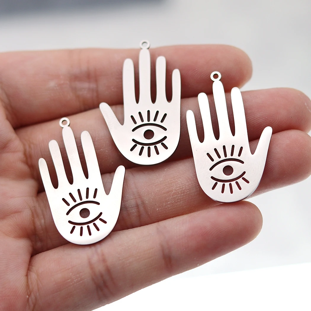 3pcs Gipsy Hamsa Devil Eye Hand of Fatima Charms Stainless Steel Pendant Fit Bracelets Earrings Jewelry Making diy Supplies Bulk